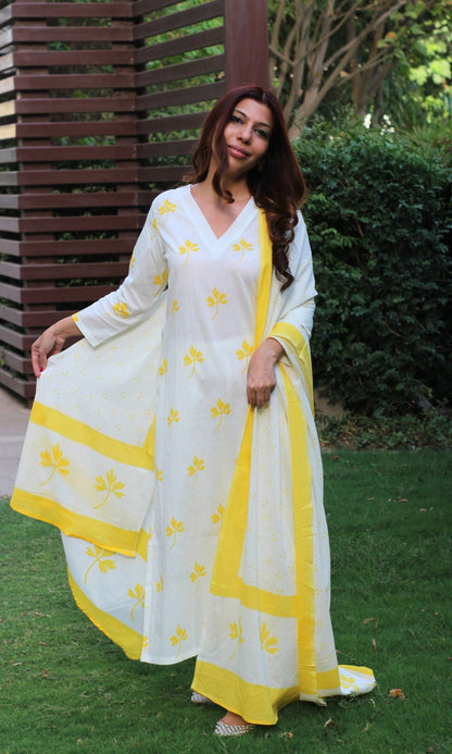 Cotton White and Yellow Maple Print Suit Set with Cotton Printed Dupatta - Baareeki