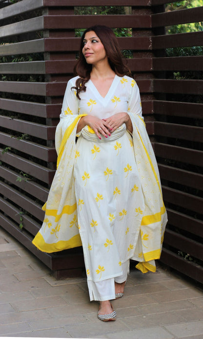 Cotton White and Yellow Maple Print Suit Set with Cotton Printed Dupatta - Baareeki