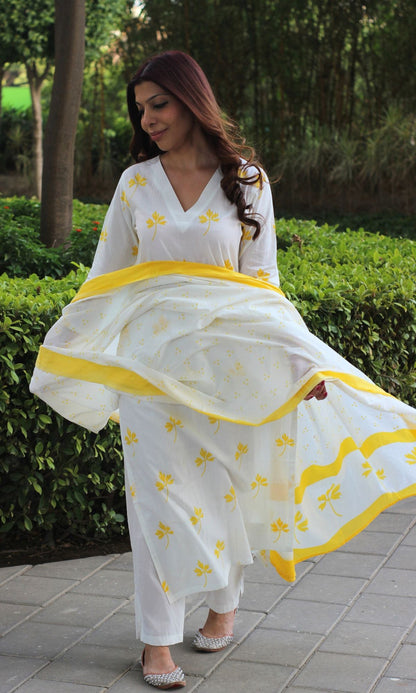 Cotton White and Yellow Maple Print Suit Set with Cotton Printed Dupatta - Baareeki