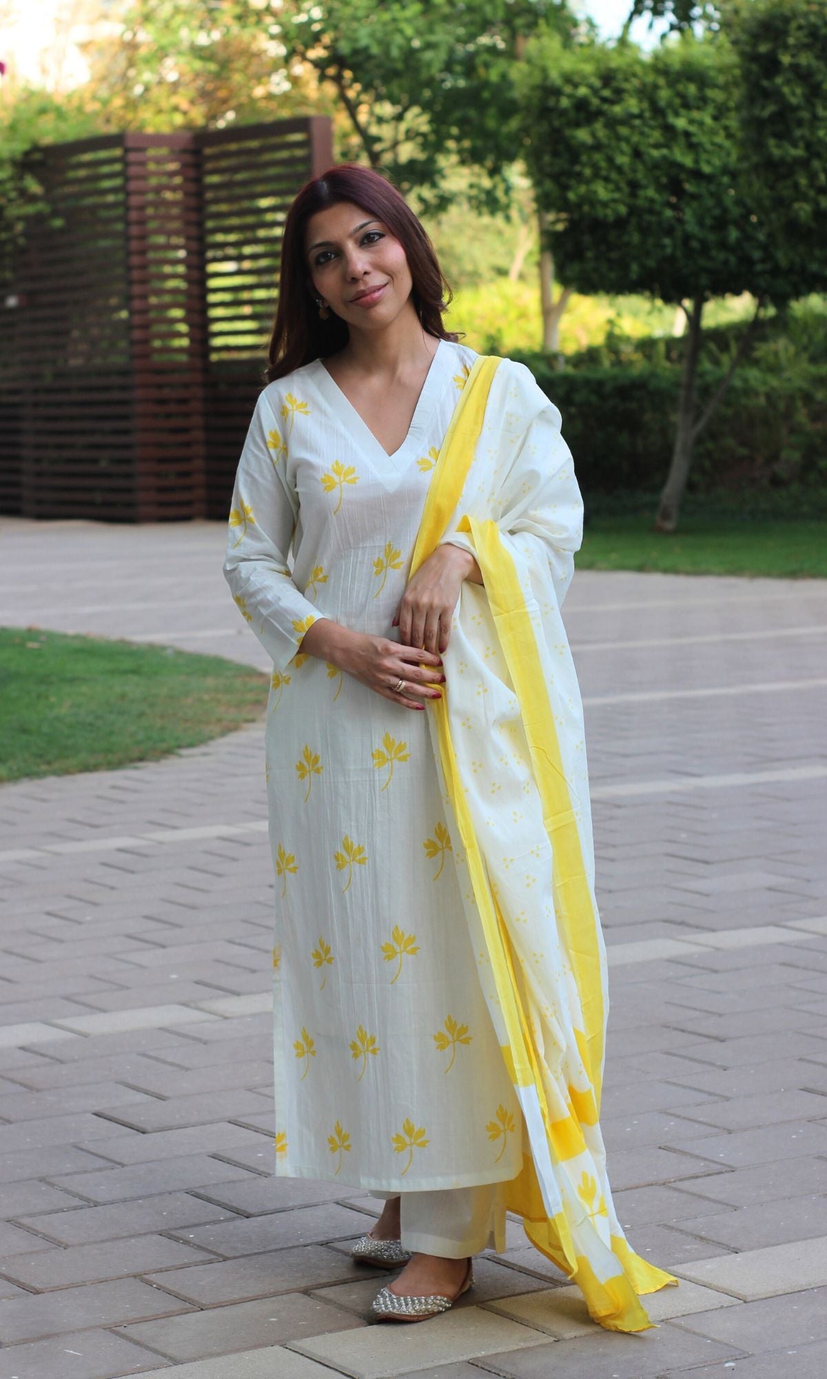 Cotton White and Yellow Maple Print Suit Set with Cotton Printed Dupatta - Baareeki