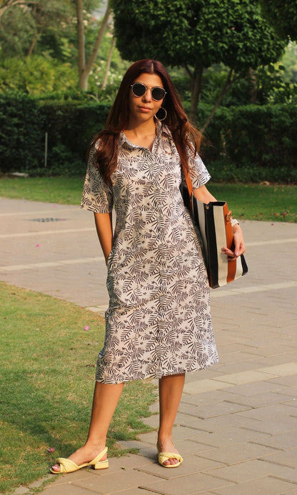 Cotton White Leaf Print Shirt Dress - Baareeki