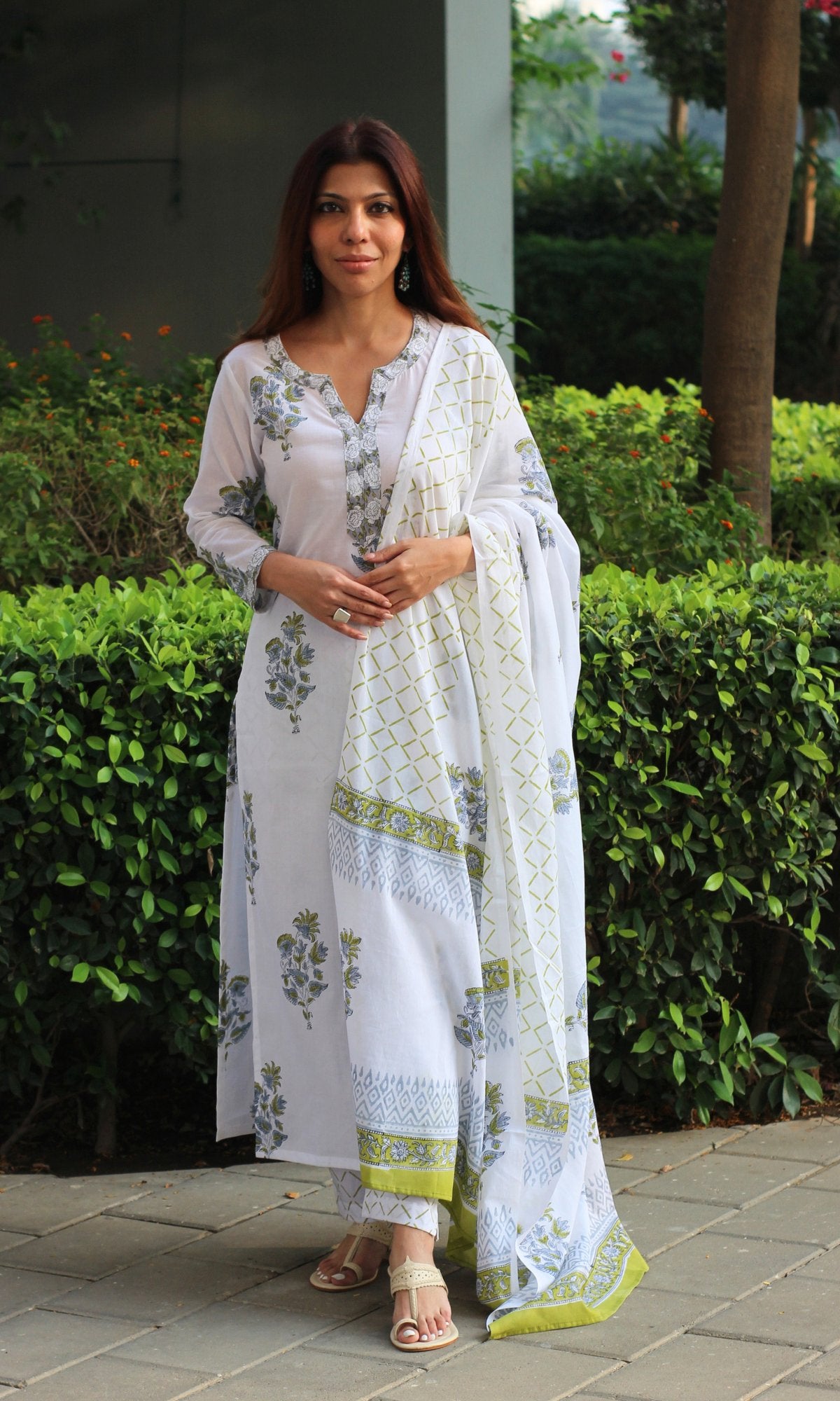 Cotton White Mughal Handblock Print Suit with Cotton Printed Dupatta - Baareeki