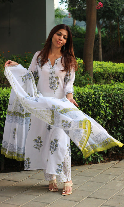 Cotton White Mughal Handblock Print Suit with Cotton Printed Dupatta - Baareeki