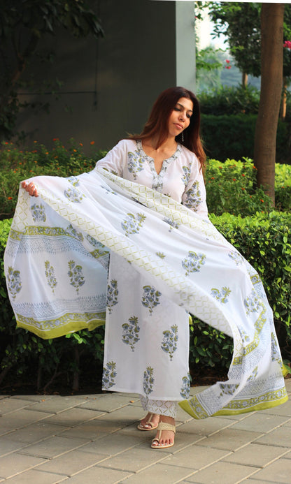 Cotton White Mughal Handblock Print Suit with Cotton Printed Dupatta - Baareeki