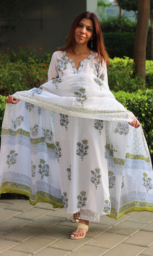 Cotton White Mughal Handblock Print Suit with Cotton Printed Dupatta - Baareeki