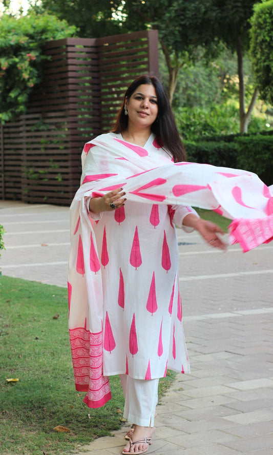 Cotton White & Pink Ashoka Print Suit with Cotton Printed Dupatta - Baareeki