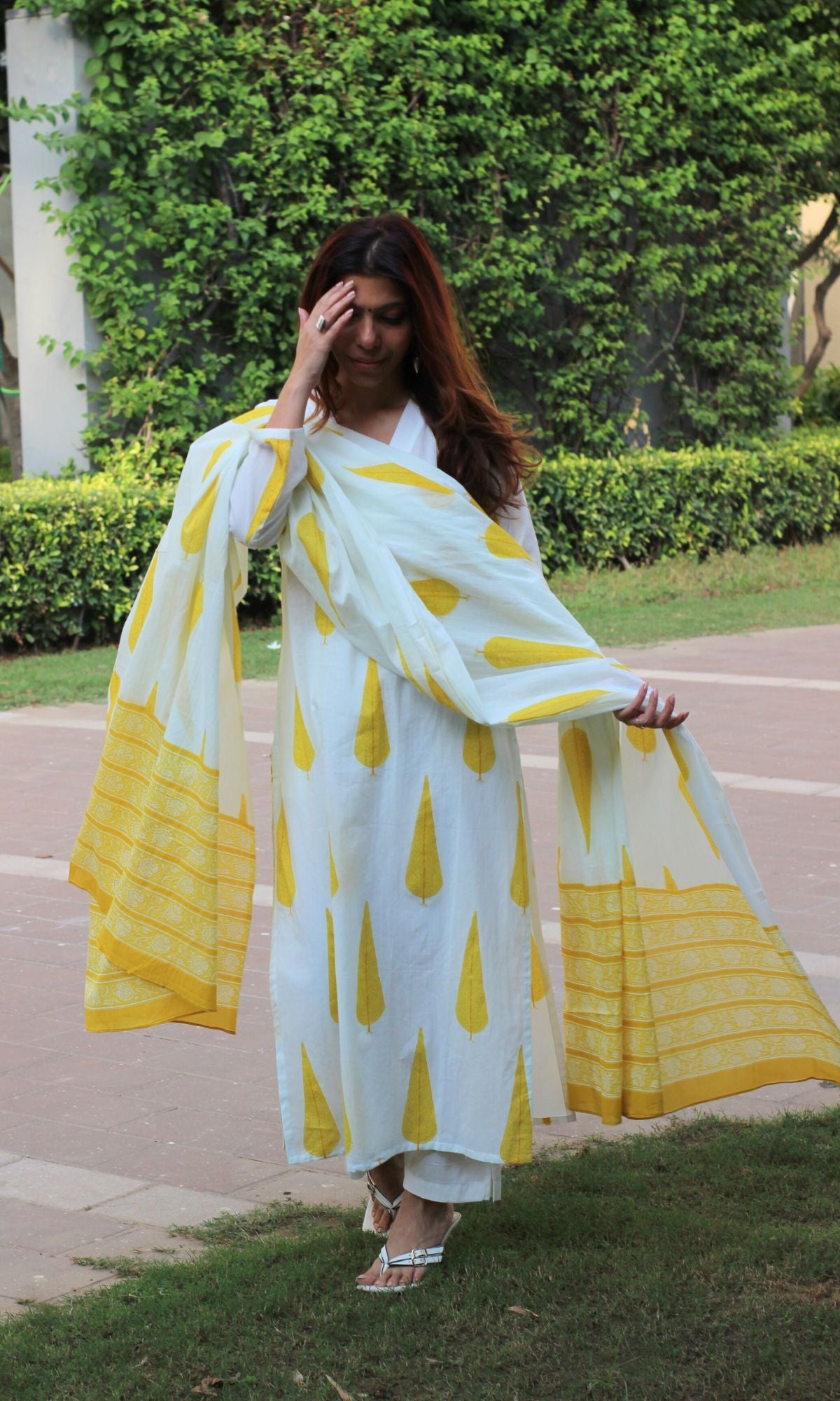 Cotton White & Yellow Ashoka Print Suit with Cotton Printed Dupatta - Baareeki