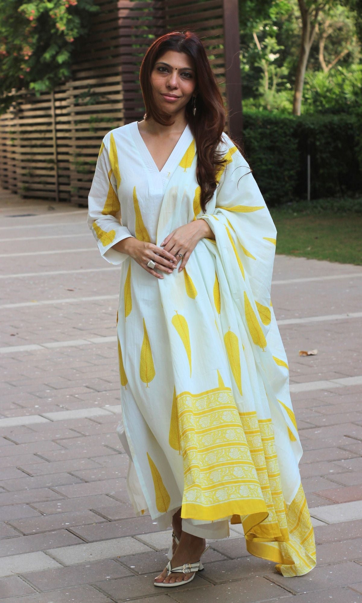 Cotton White & Yellow Ashoka Print Suit with Cotton Printed Dupatta - Baareeki