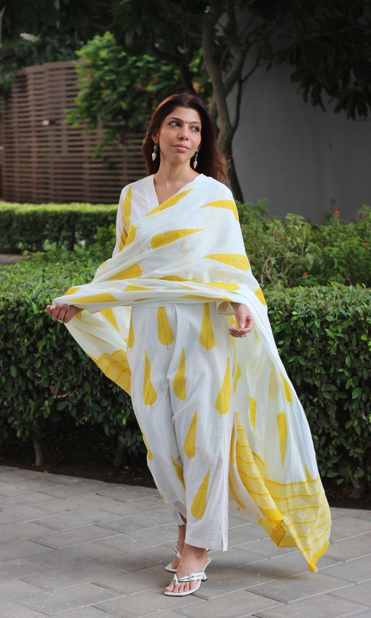 Cotton White & Yellow Ashoka Print Suit with Cotton Printed Dupatta - Baareeki