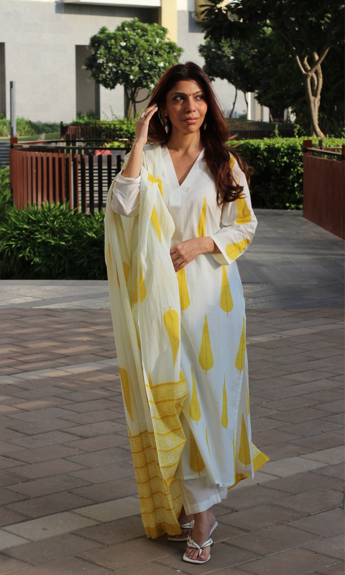 Cotton White & Yellow Ashoka Print Suit with Cotton Printed Dupatta - Baareeki