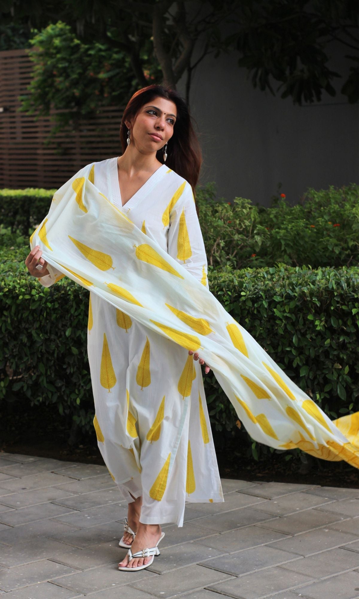 Cotton White & Yellow Ashoka Print Suit with Cotton Printed Dupatta - Baareeki