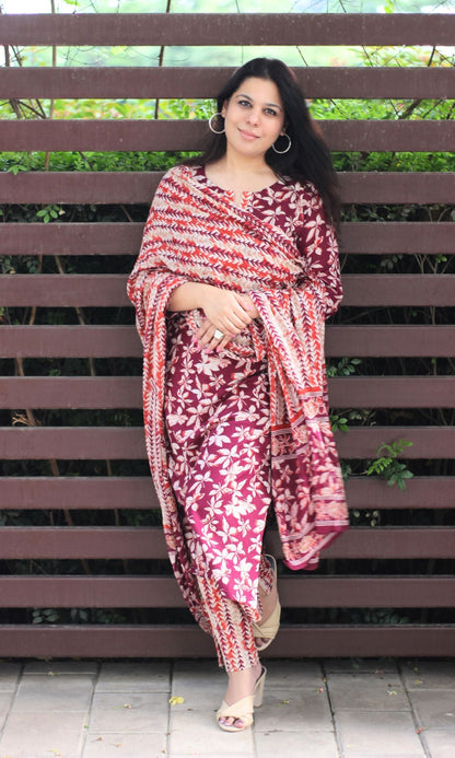 Cotton Wine & Orange Printed Suit Set with Cotton Printed Dupatta - Baareeki