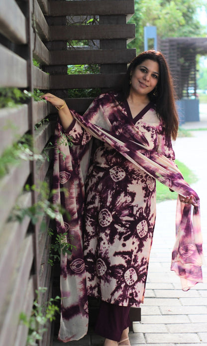 Cotton Wine Shibori Print Suit Set with Chiffon Shibori Dupatta - Baareeki