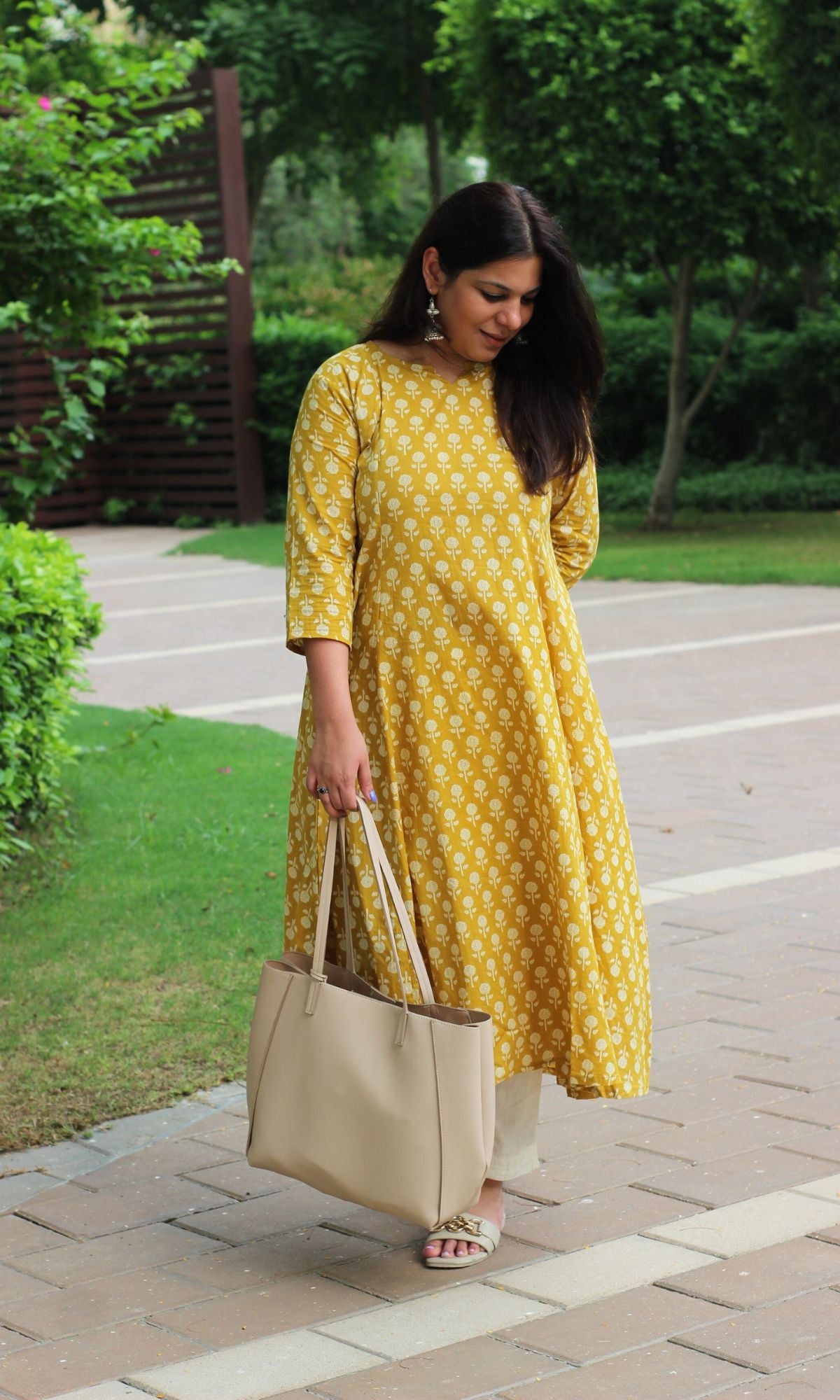 Cotton Yellow Booti Print Kali Kurta - Baareeki