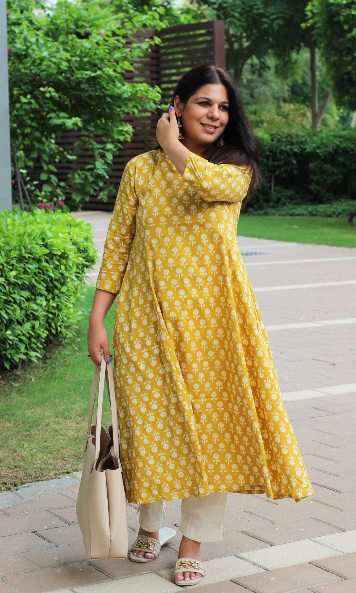 Cotton Yellow Booti Print Kali Kurta - Baareeki