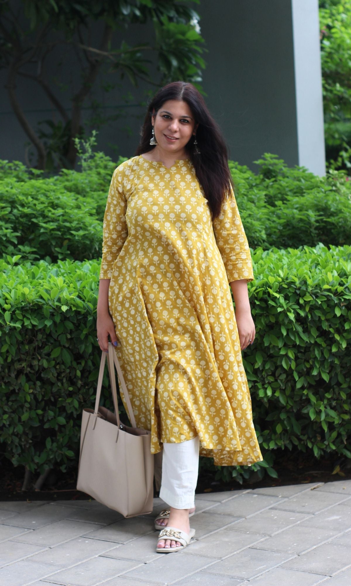 Cotton Yellow Booti Print Kali Kurta - Baareeki