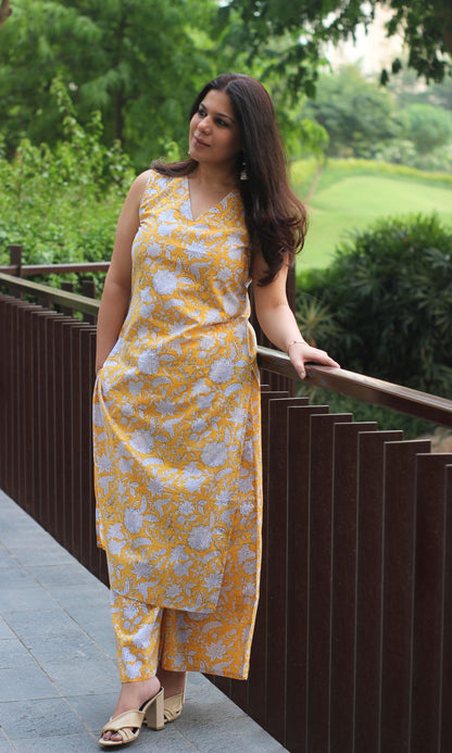 Cotton Yellow Floral V Neck Kurta with Palazzo - Baareeki