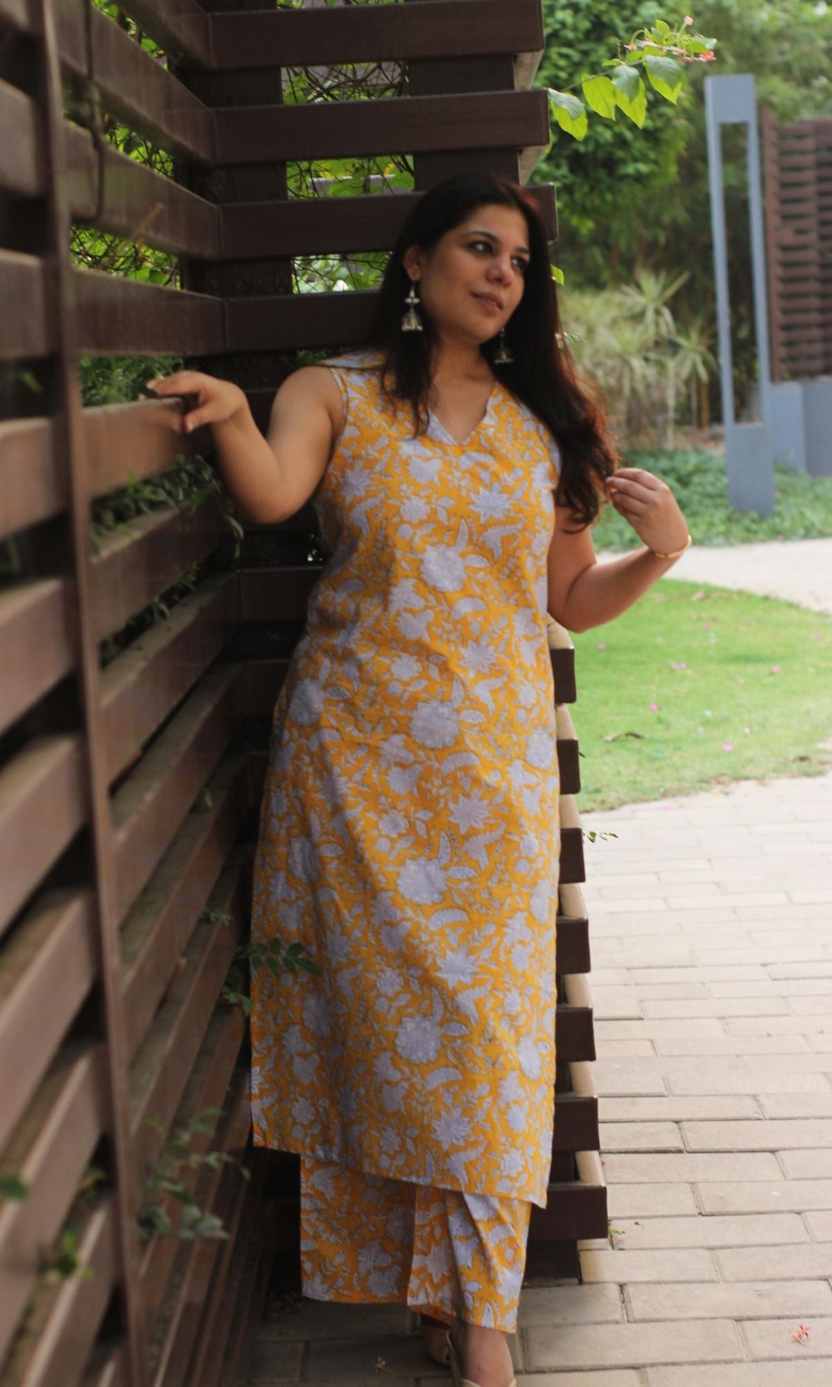 Cotton Yellow Floral V Neck Kurta with Palazzo - Baareeki