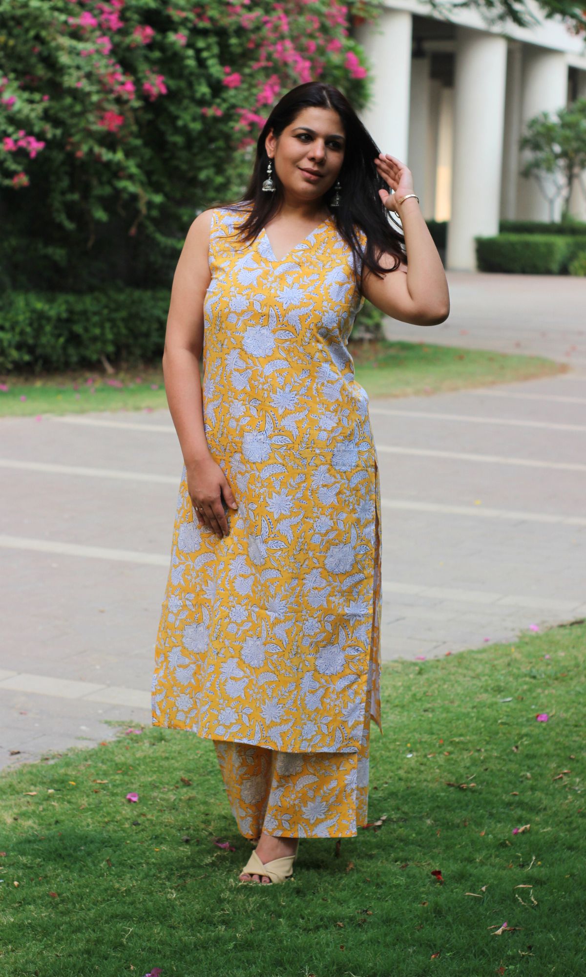 Cotton Yellow Floral V Neck Kurta with Palazzo - Baareeki