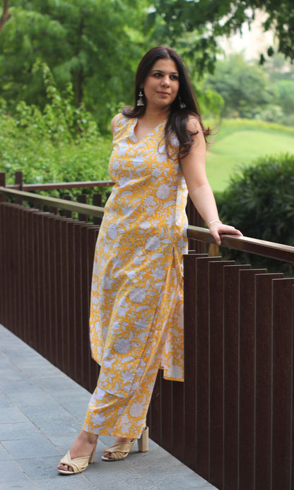 Cotton Yellow Floral V Neck Kurta with Palazzo - Baareeki