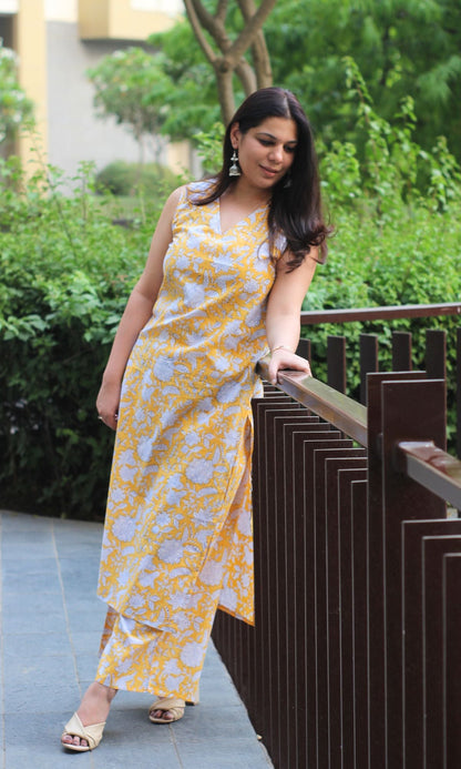 Cotton Yellow Floral V Neck Kurta with Palazzo - Baareeki