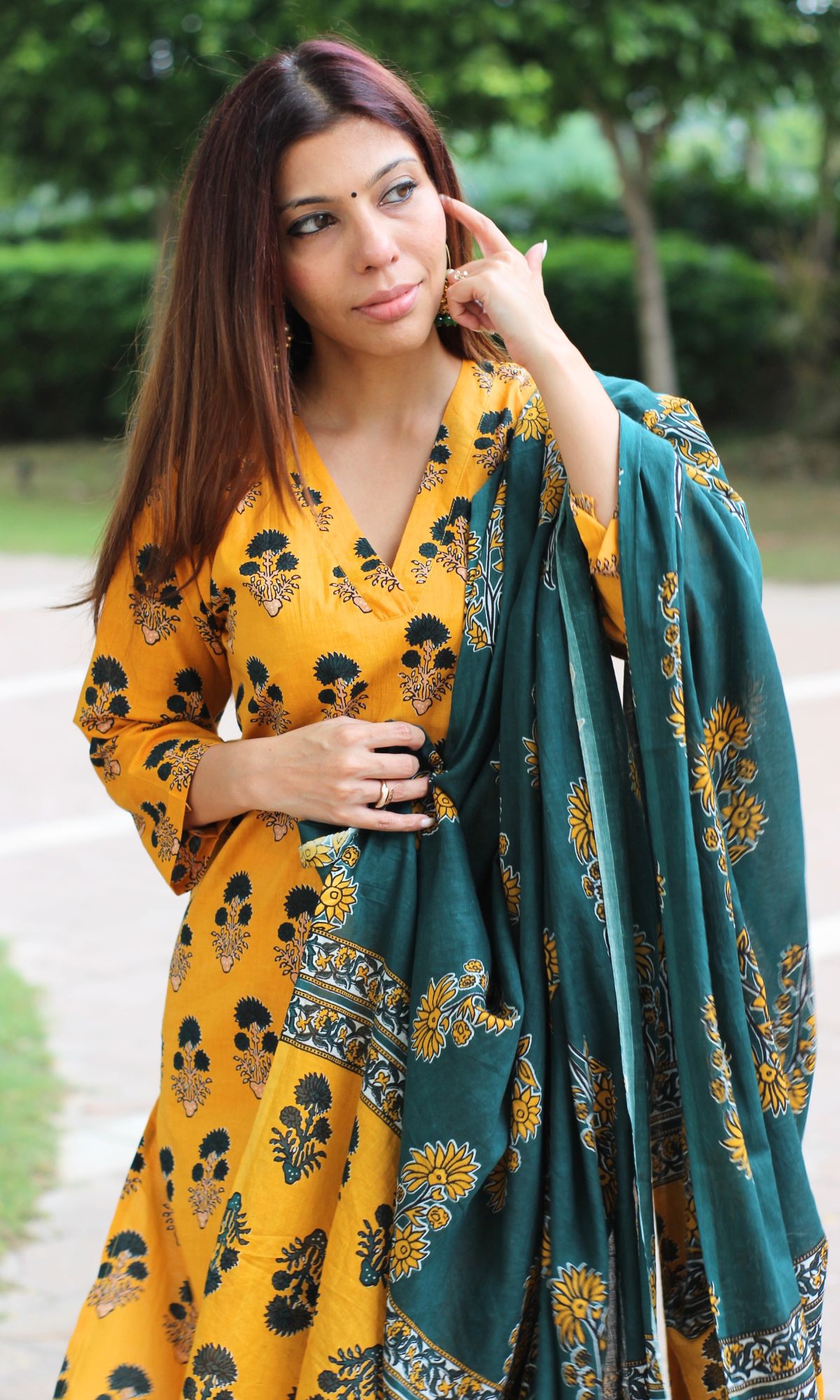 Cotton Yellow & Green Boota Print Suit Set with Printed Dupatta - Baareeki