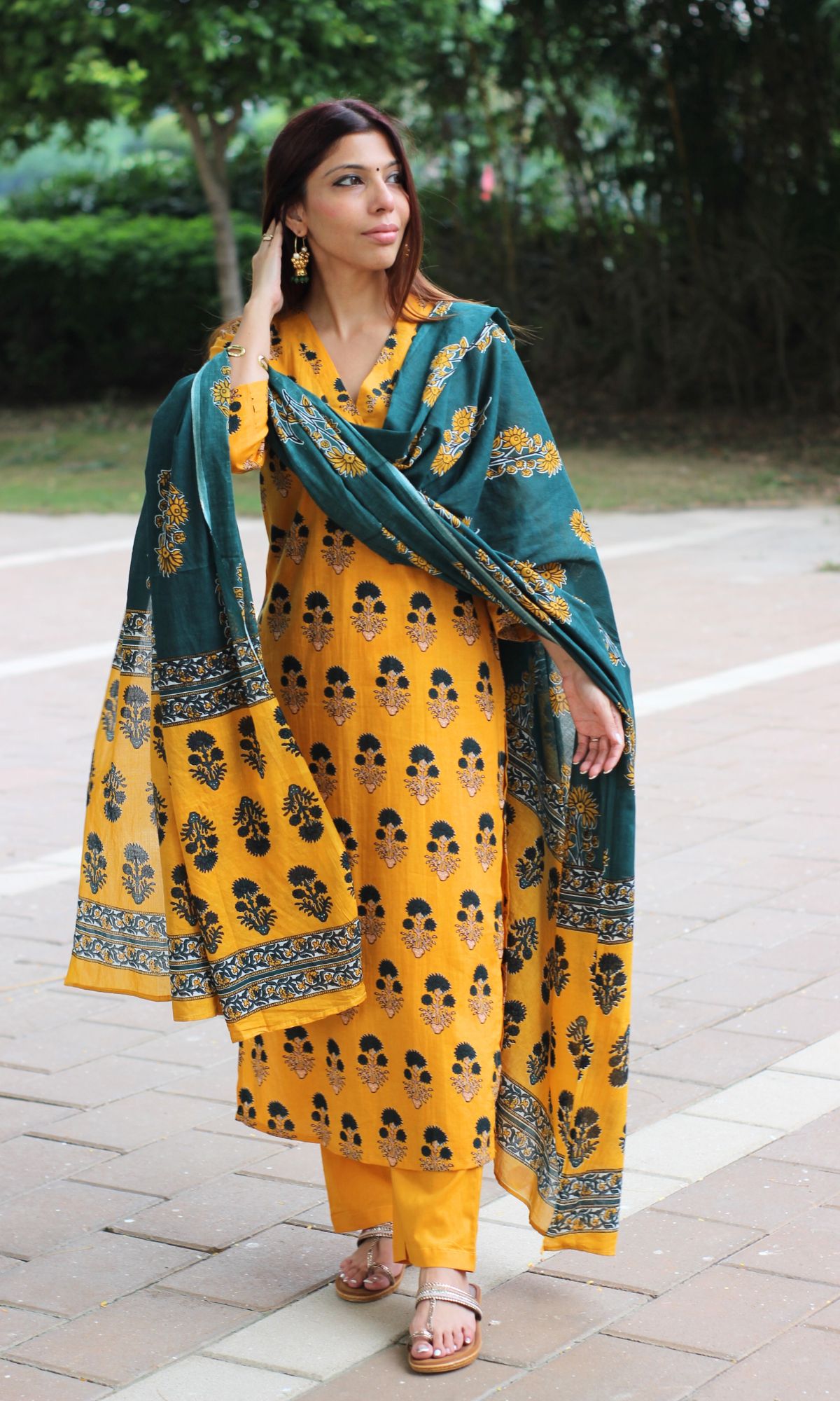 Cotton Yellow & Green Boota Print Suit Set with Printed Dupatta - Baareeki