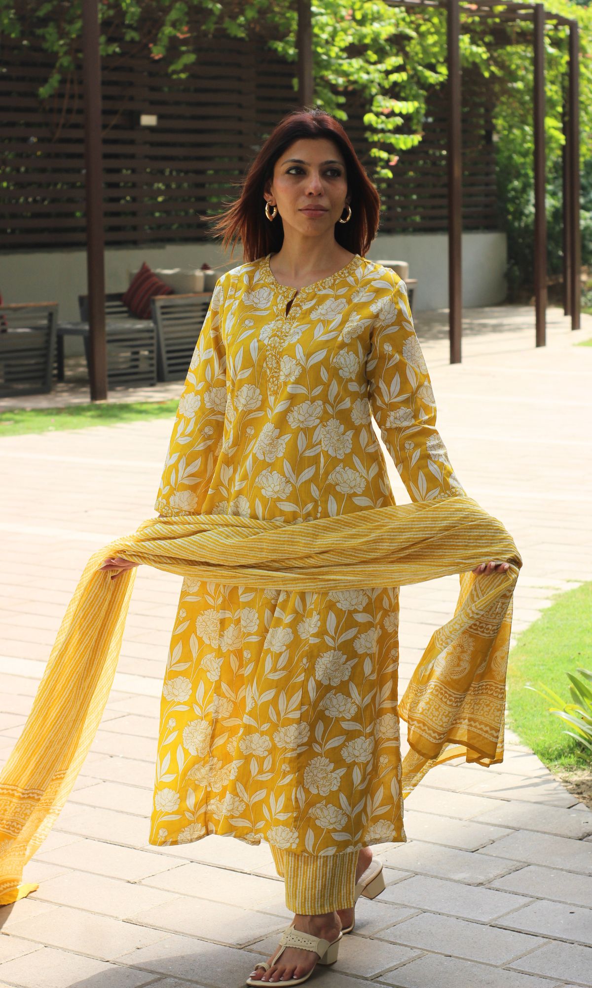 Cotton Yellow Petal Kali Kurta, Pants & Cotton Printed Dupatta - Baareeki