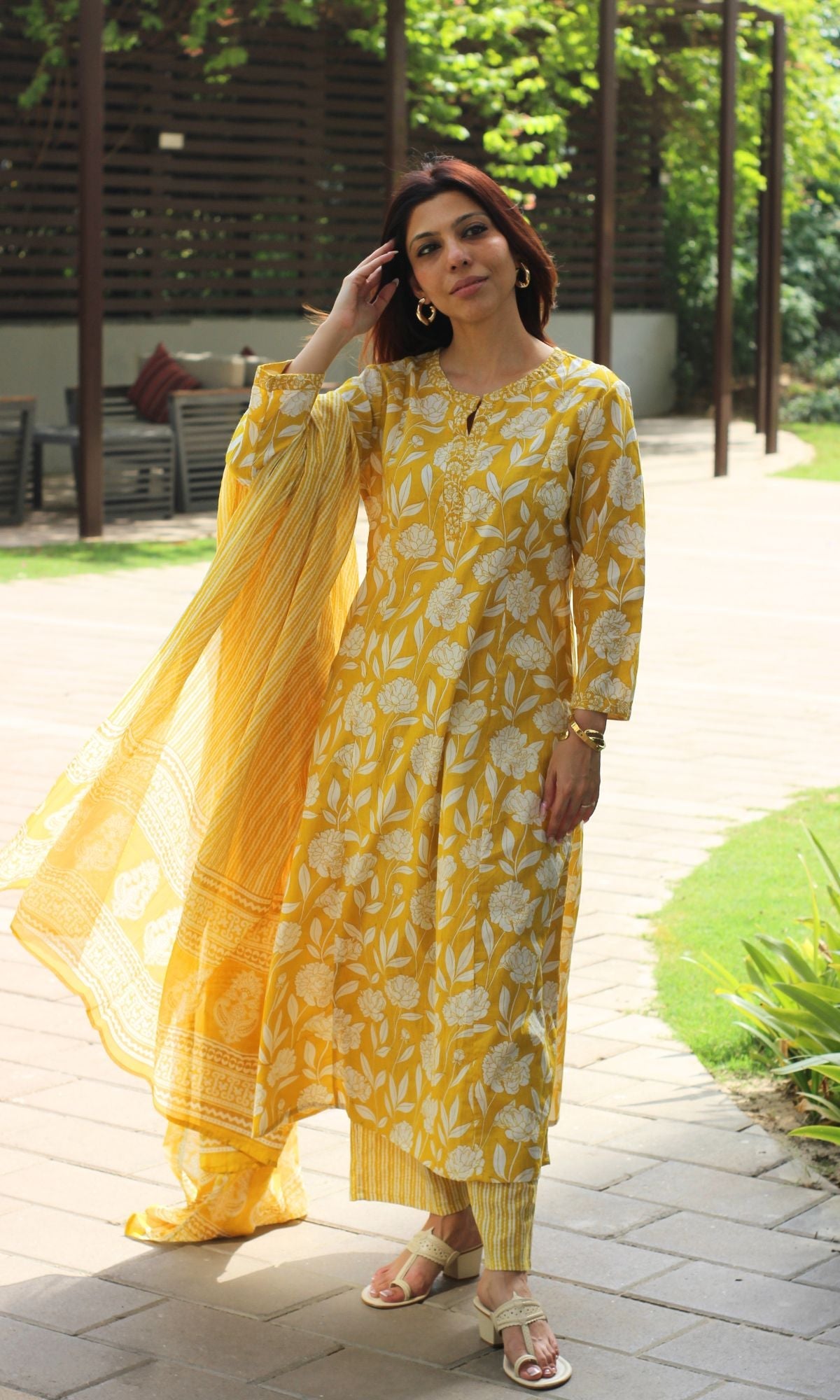 Cotton Yellow Petal Kali Kurta, Pants & Cotton Printed Dupatta - Baareeki