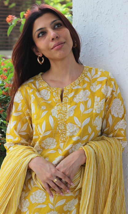 Cotton Yellow Petal Kali Kurta, Pants & Cotton Printed Dupatta - Baareeki