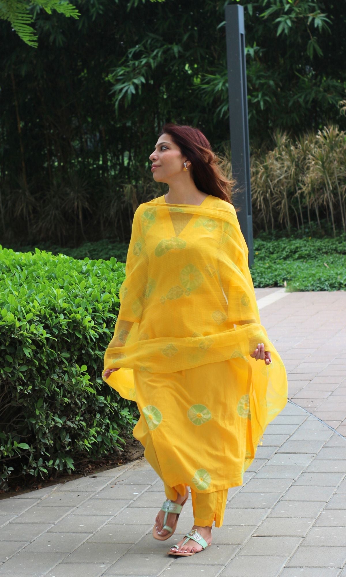 Cotton Yellow Shibori Suit Set with Kota Doria Dupatta - Baareeki