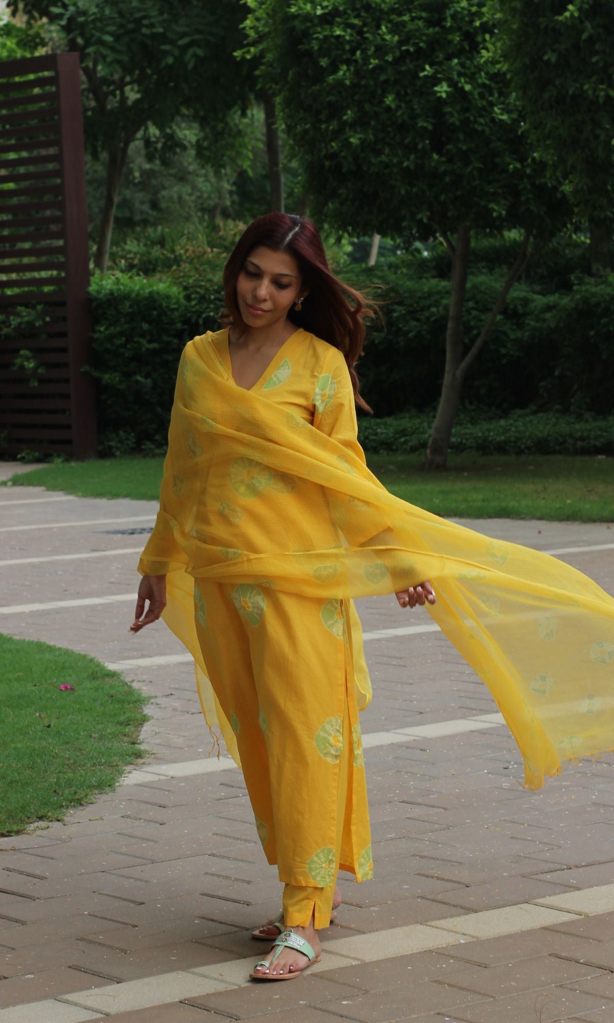 Cotton Yellow Shibori Suit Set with Kota Doria Dupatta - Baareeki