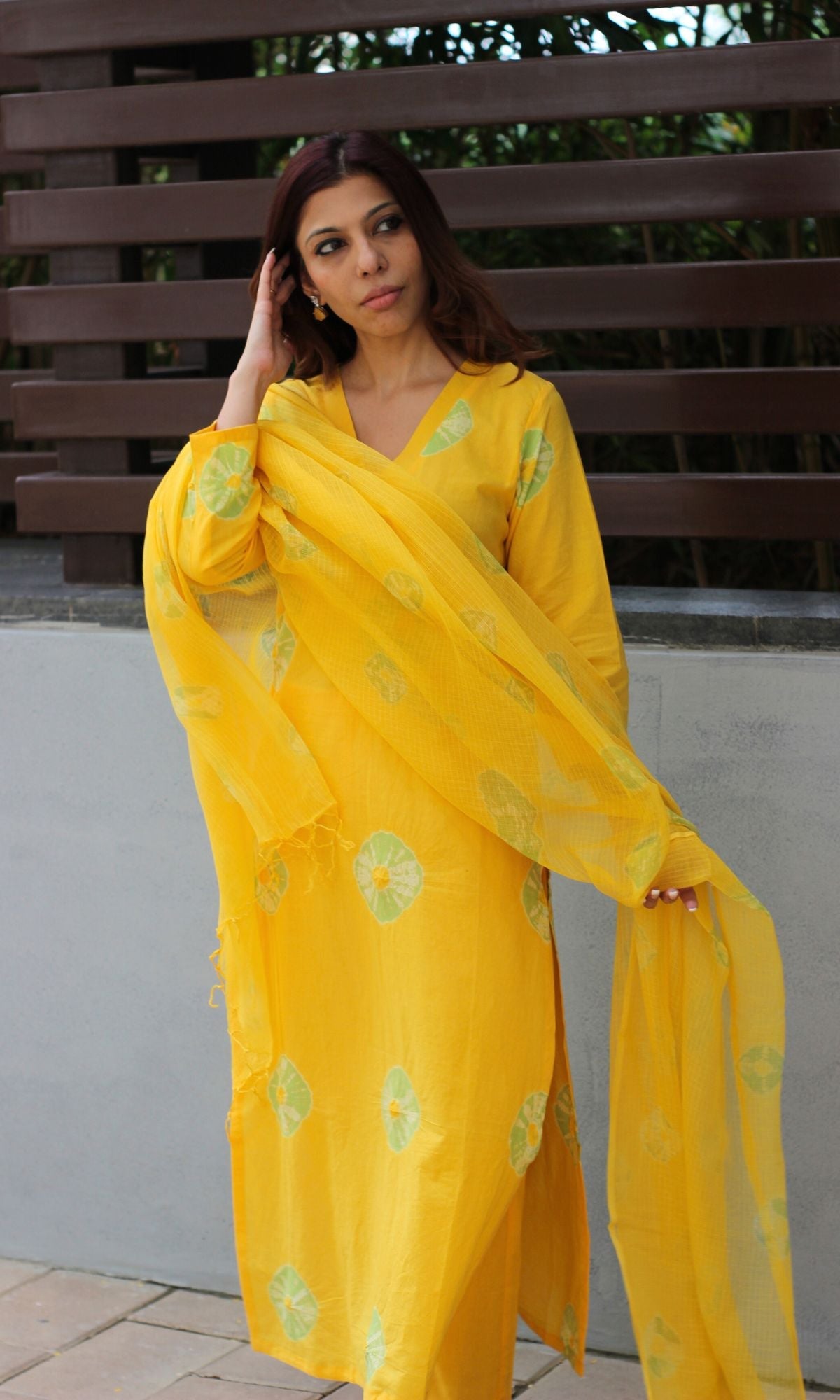 Cotton Yellow Shibori Suit Set with Kota Doria Dupatta - Baareeki