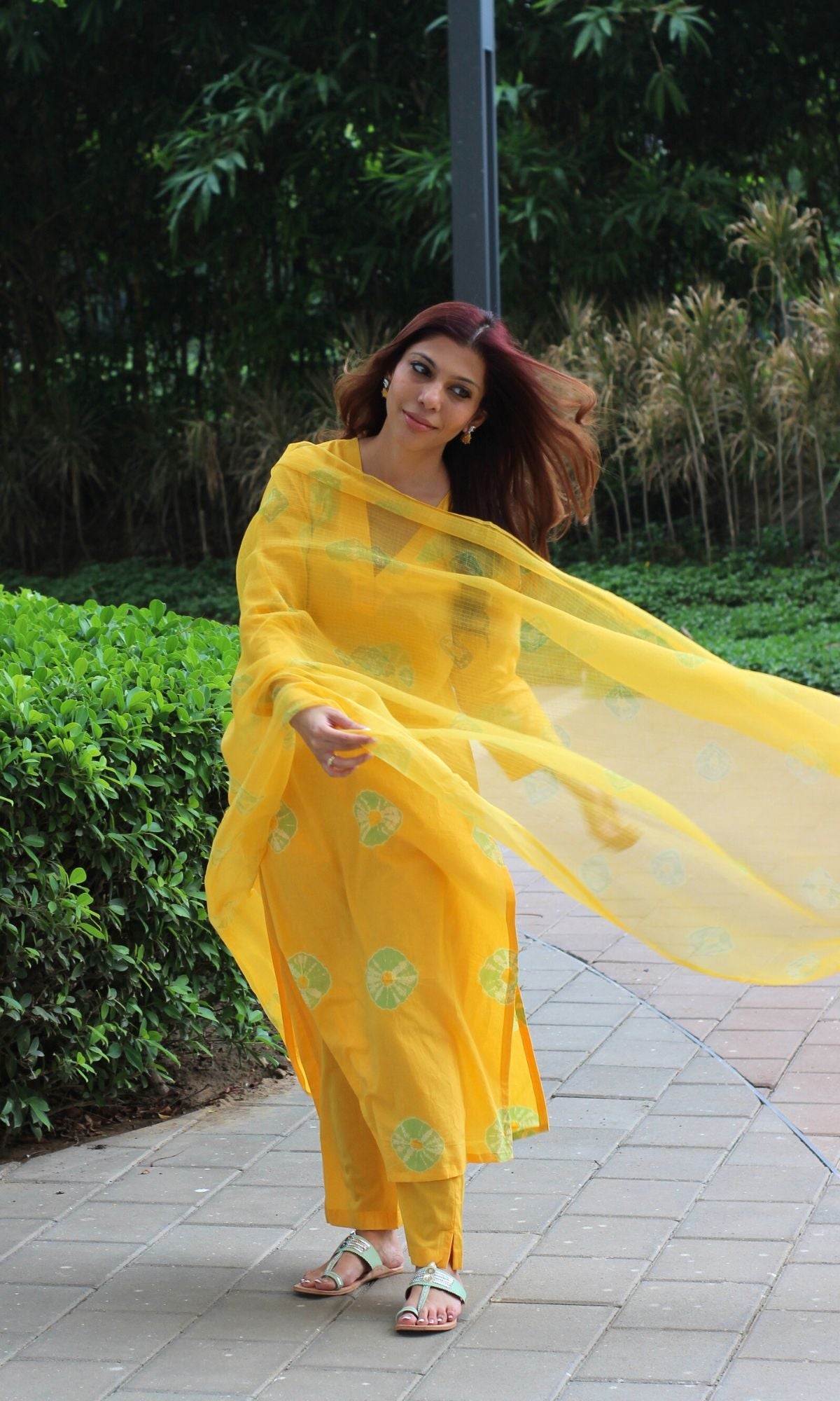 Cotton Yellow Shibori Suit Set with Kota Doria Dupatta - Baareeki