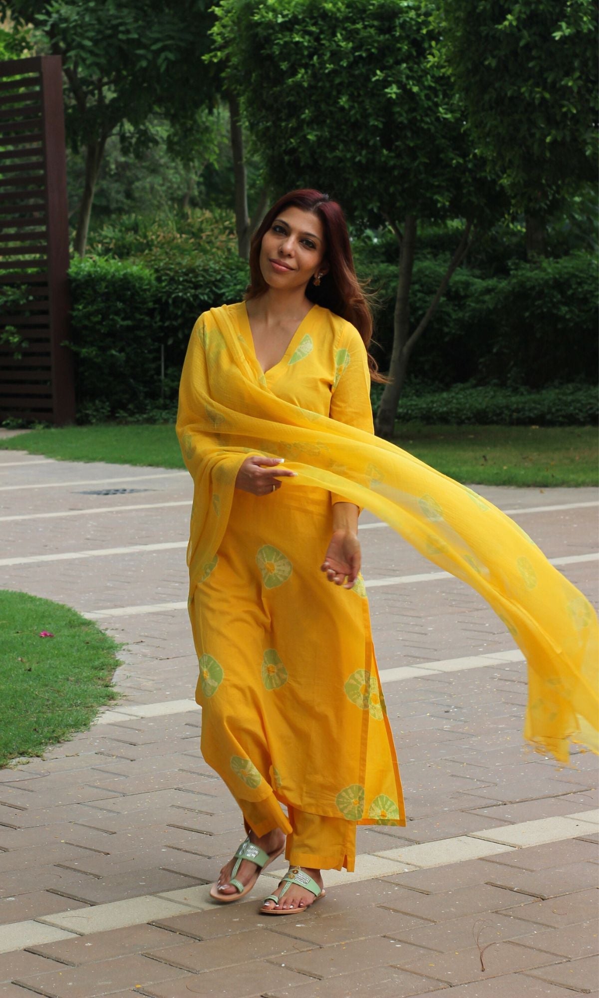 Cotton Yellow Shibori Suit Set with Kota Doria Dupatta - Baareeki