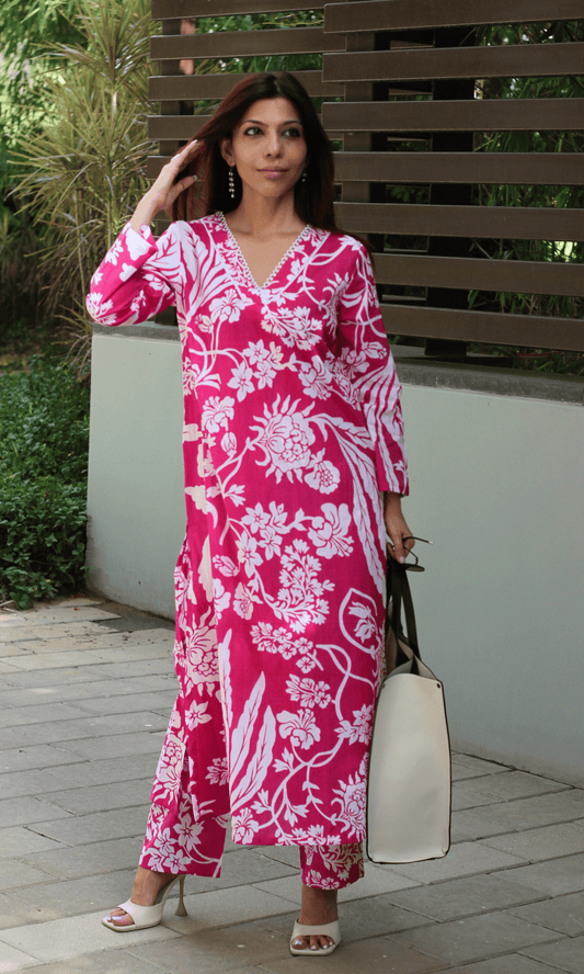 Fuschsia Bloom Laced Kurta & Pant Co - ord - Baareeki