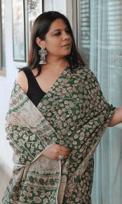 Green Handblock Kalamkari Silk Saree - Baareeki