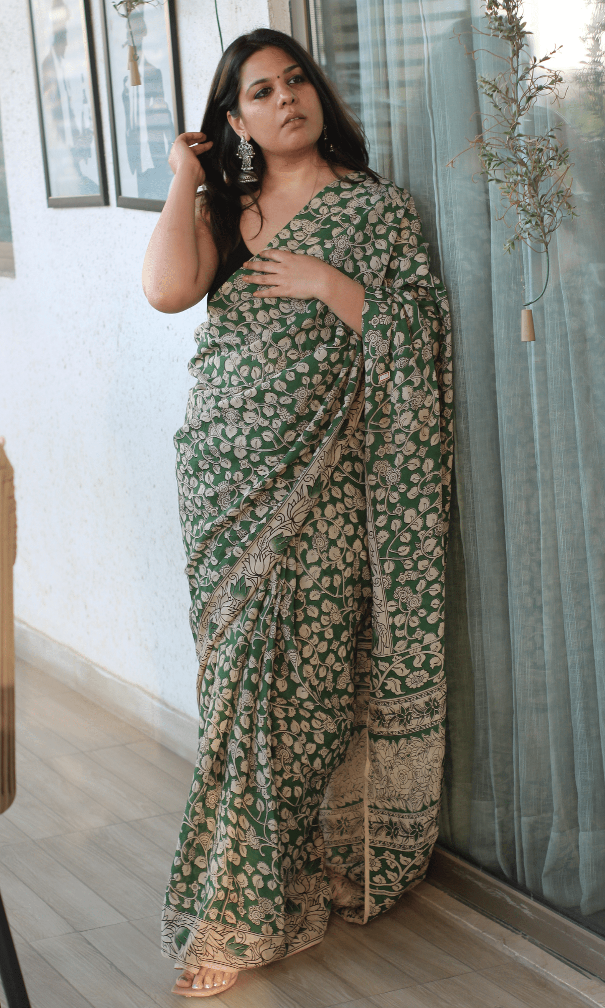 Green Handblock Kalamkari Silk Saree - Baareeki