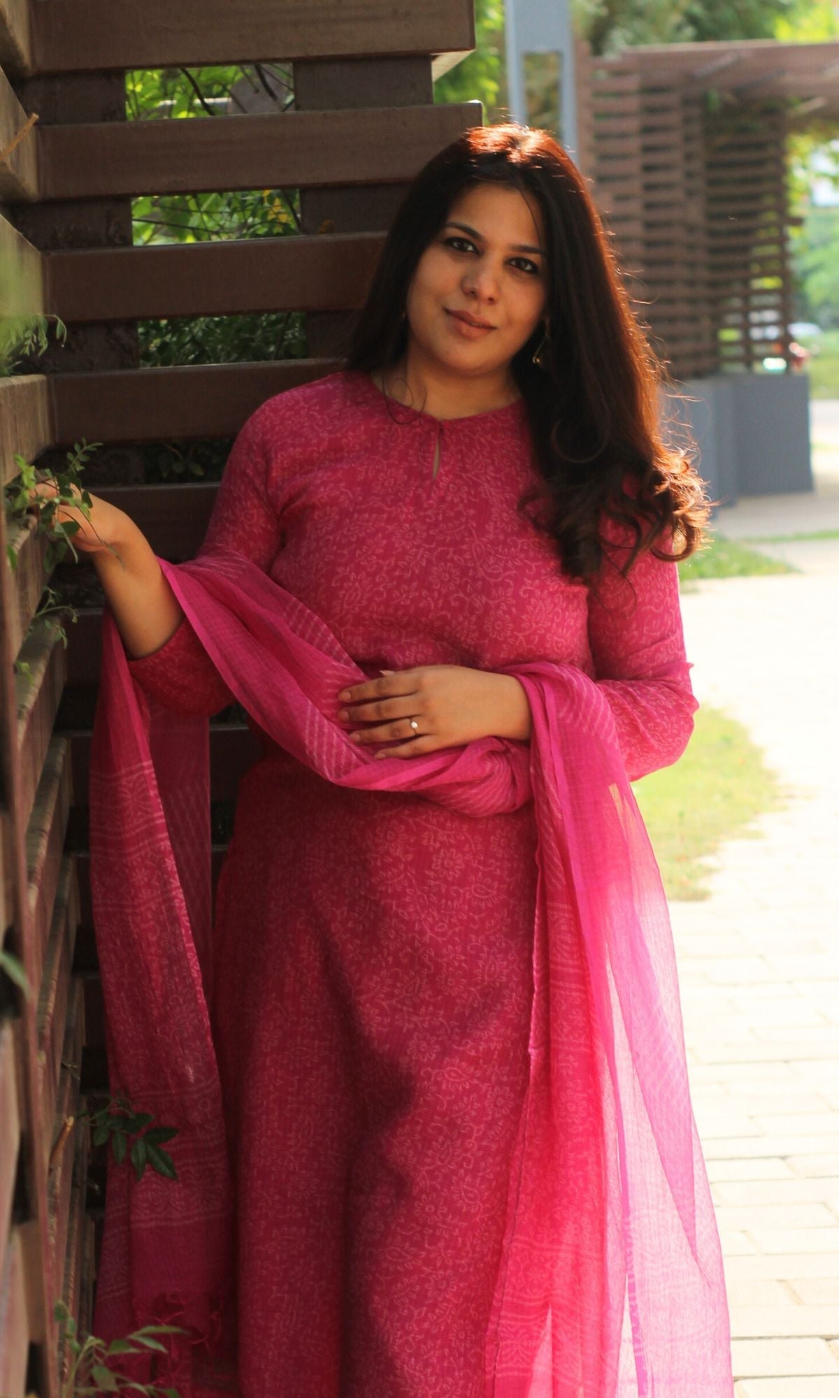 Kota Doria Handblock Pink Kurta and Dupatta with Cotton Pants - Baareeki