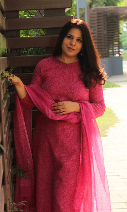 Kota Doria Handblock Pink Kurta and Dupatta with Cotton Pants - Baareeki