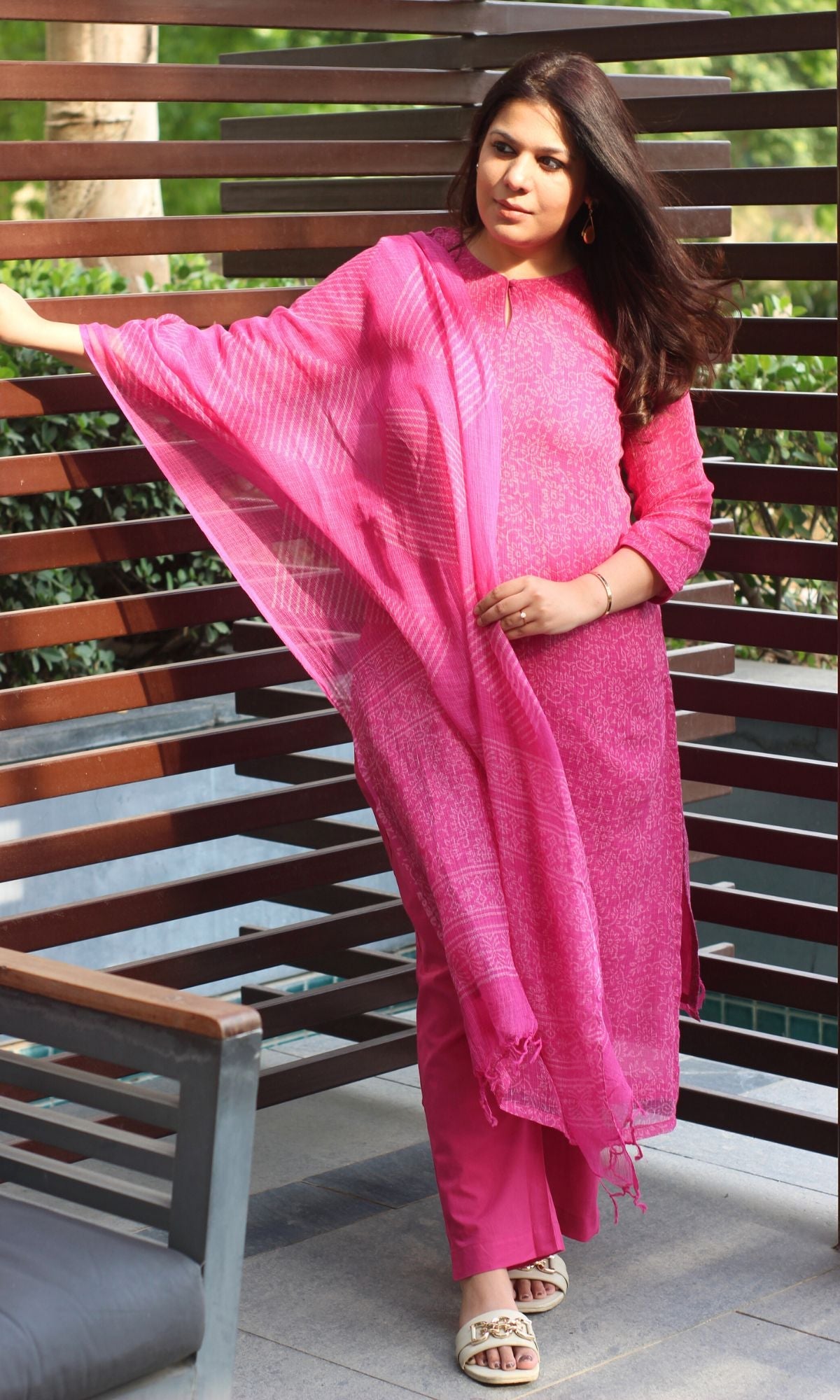 Kota Doria Handblock Pink Kurta and Dupatta with Cotton Pants - Baareeki