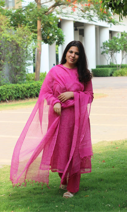 Kota Doria Handblock Pink Kurta and Dupatta with Cotton Pants - Baareeki