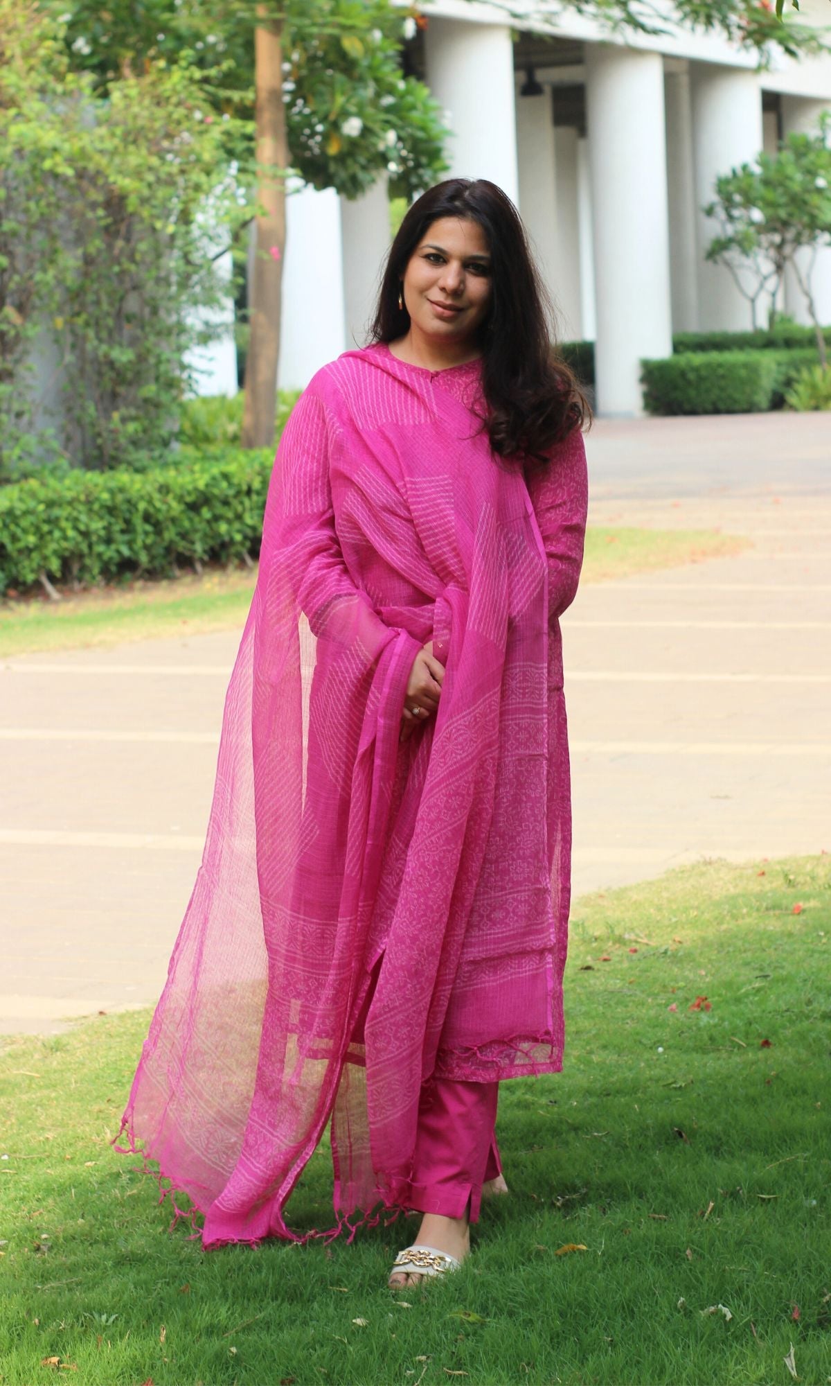 Kota Doria Handblock Pink Kurta and Dupatta with Cotton Pants - Baareeki