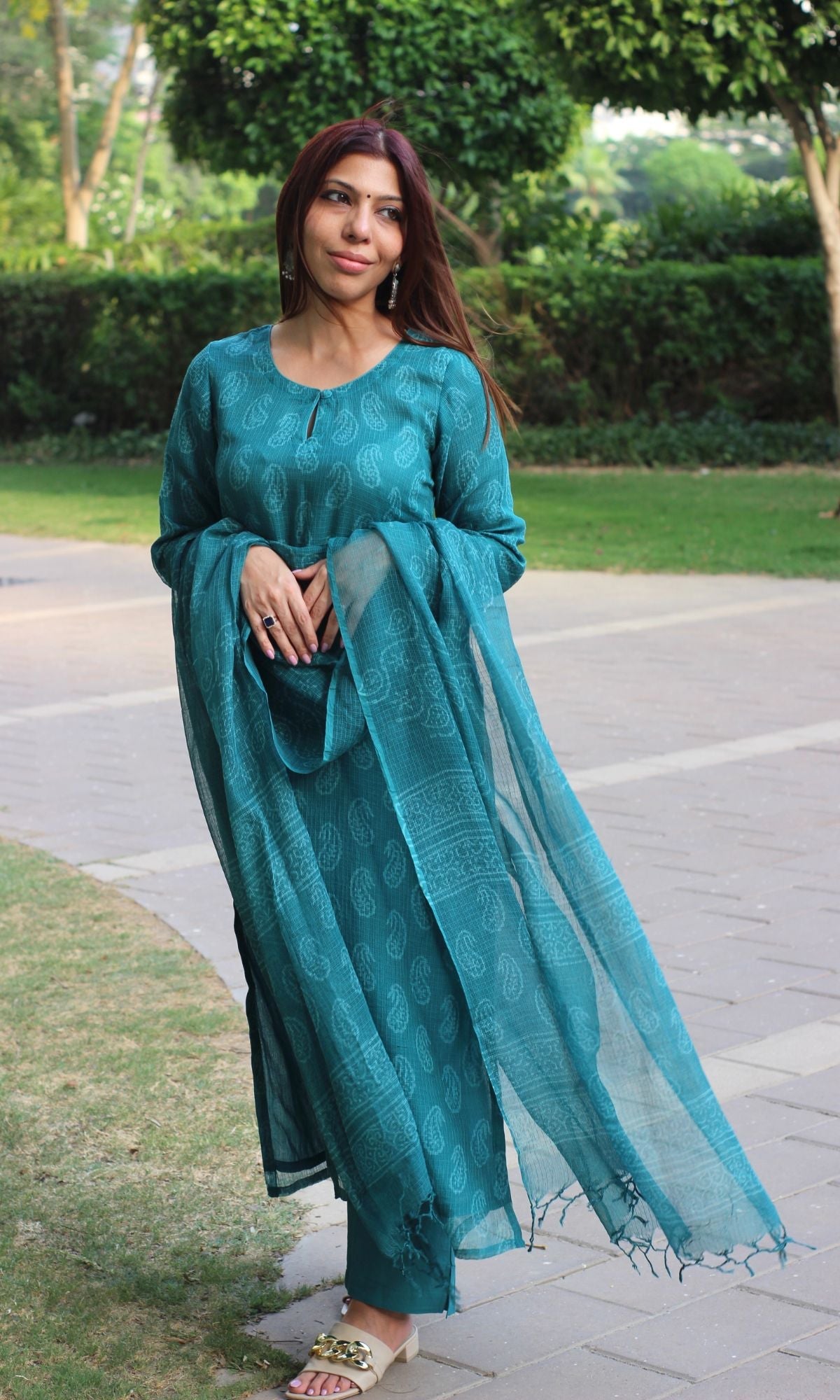 Kota Doria Handblock Teal Kurta and Dupatta with Cotton Pants - Baareeki