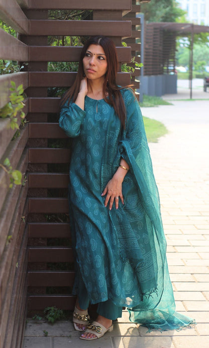 Kota Doria Handblock Teal Kurta and Dupatta with Cotton Pants - Baareeki