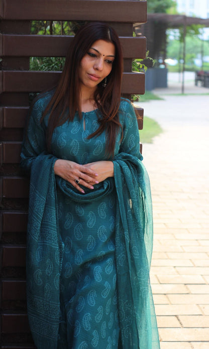 Kota Doria Handblock Teal Kurta and Dupatta with Cotton Pants - Baareeki