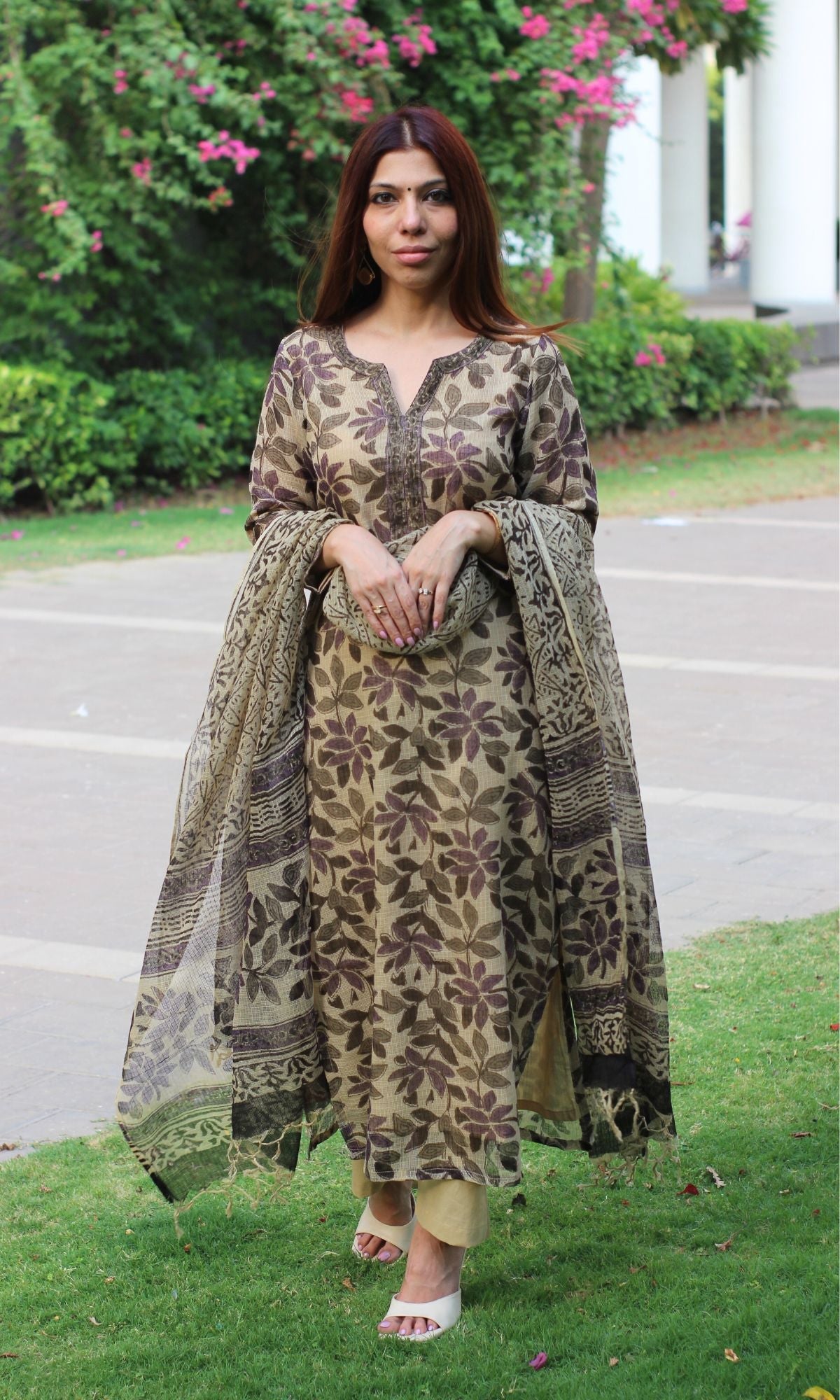 Kota Doria Kalamkari Beige & Purple Kurta and Dupatta with Cotton Pants - Baareeki