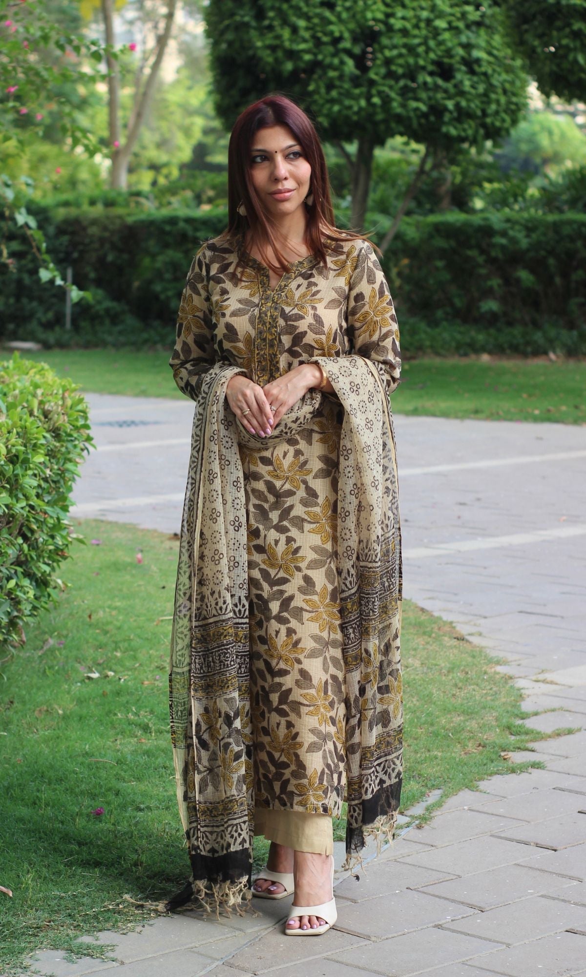 Kota Doria Kalamkari Beige & Yellow Kurta and Dupatta with Cotton Pants - Baareeki