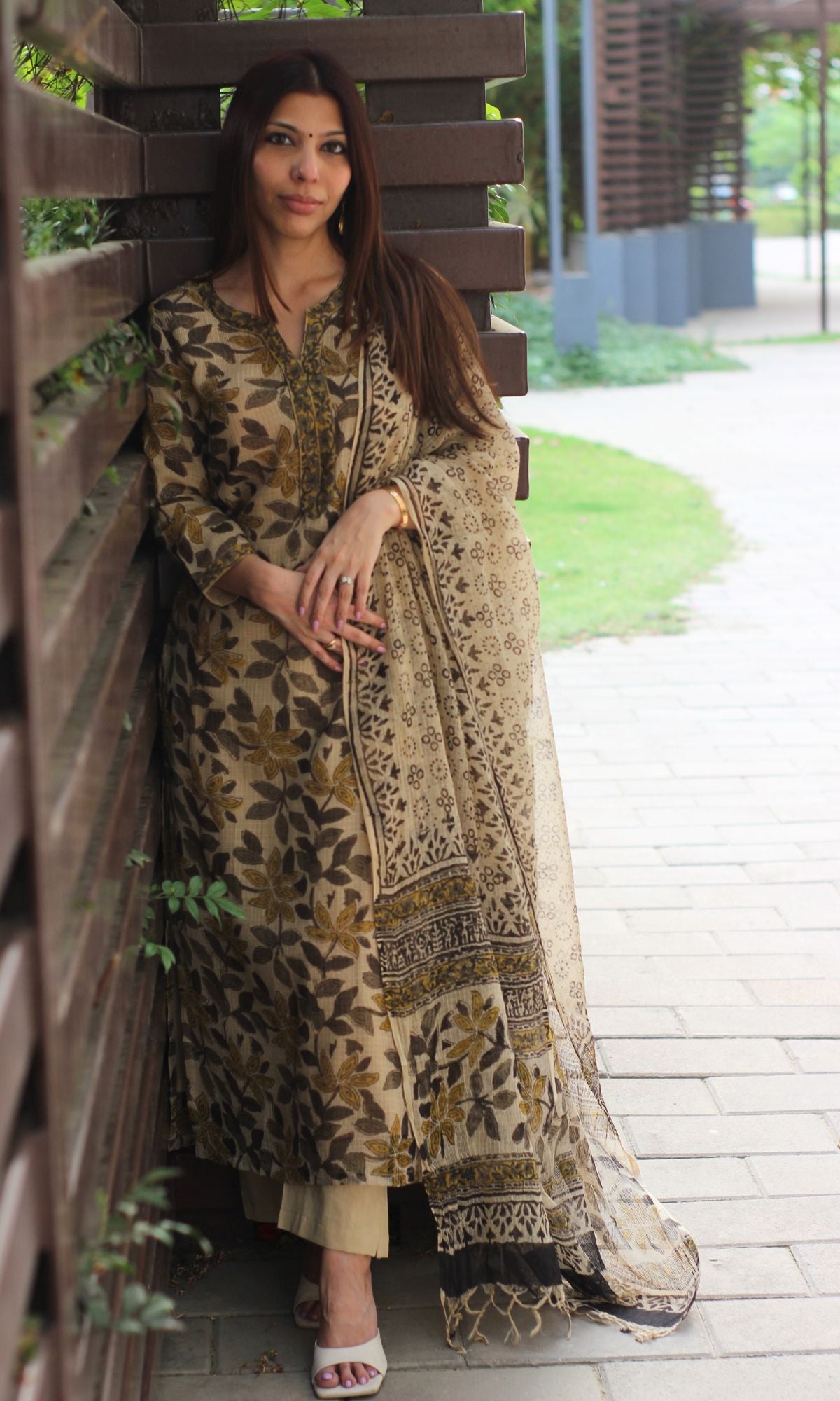 Kota Doria Kalamkari Beige & Yellow Kurta and Dupatta with Cotton Pants - Baareeki