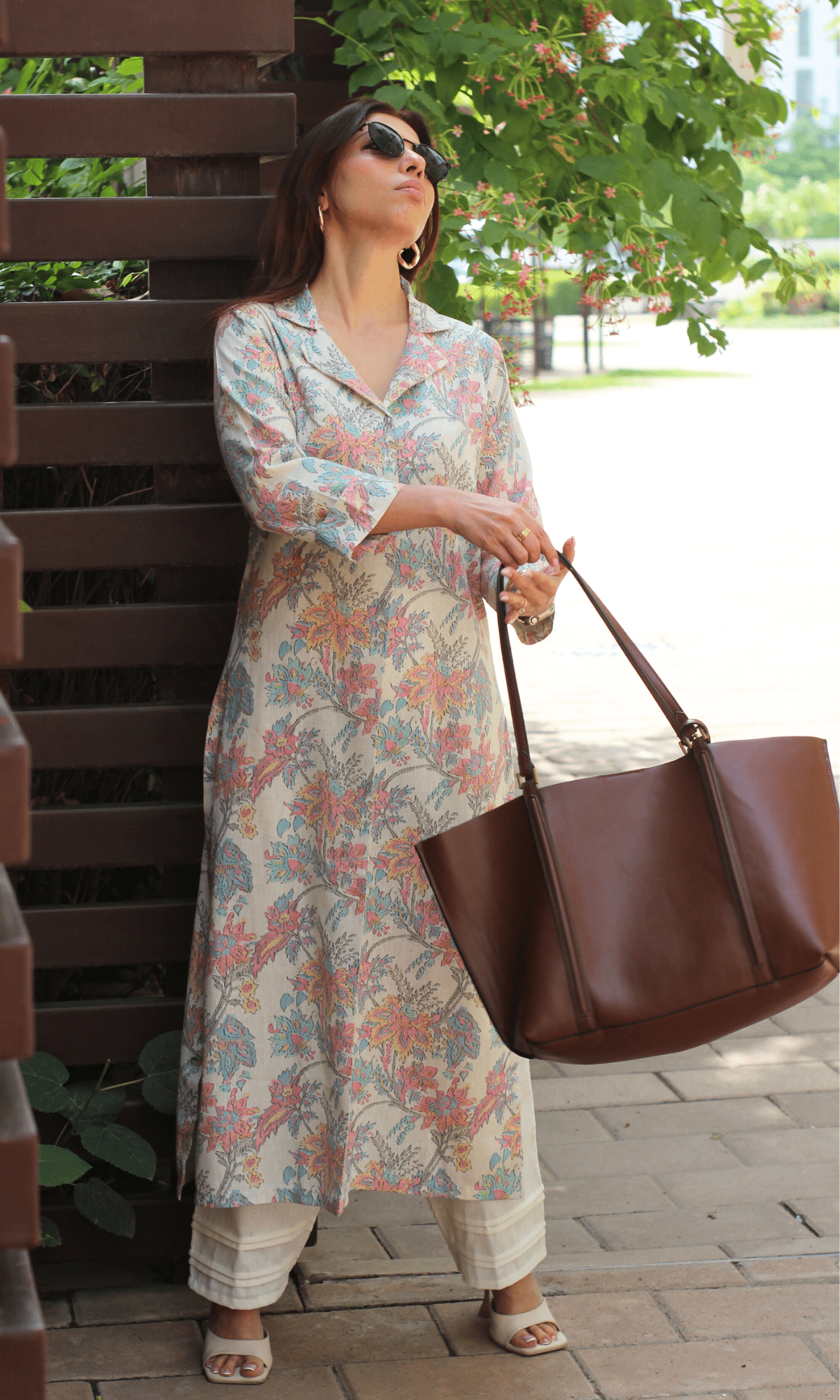 Linen Blend Pastel Print Collared Pleated Kurta with Pants - Baareeki